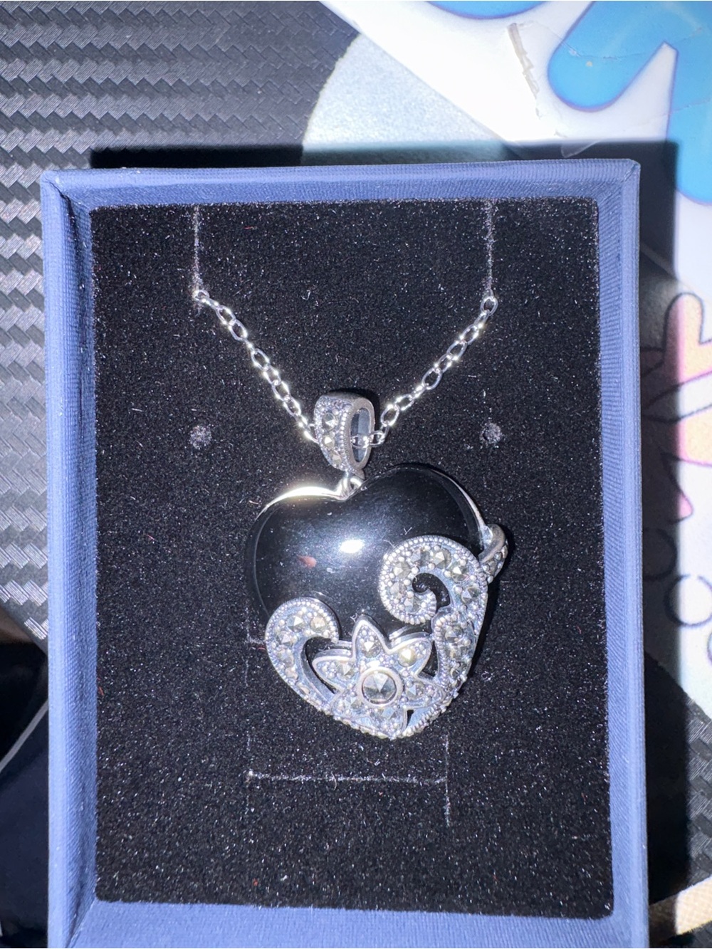 Silver Heart Pendant Necklace with Macrasite and black onyx.- Rhodium chain